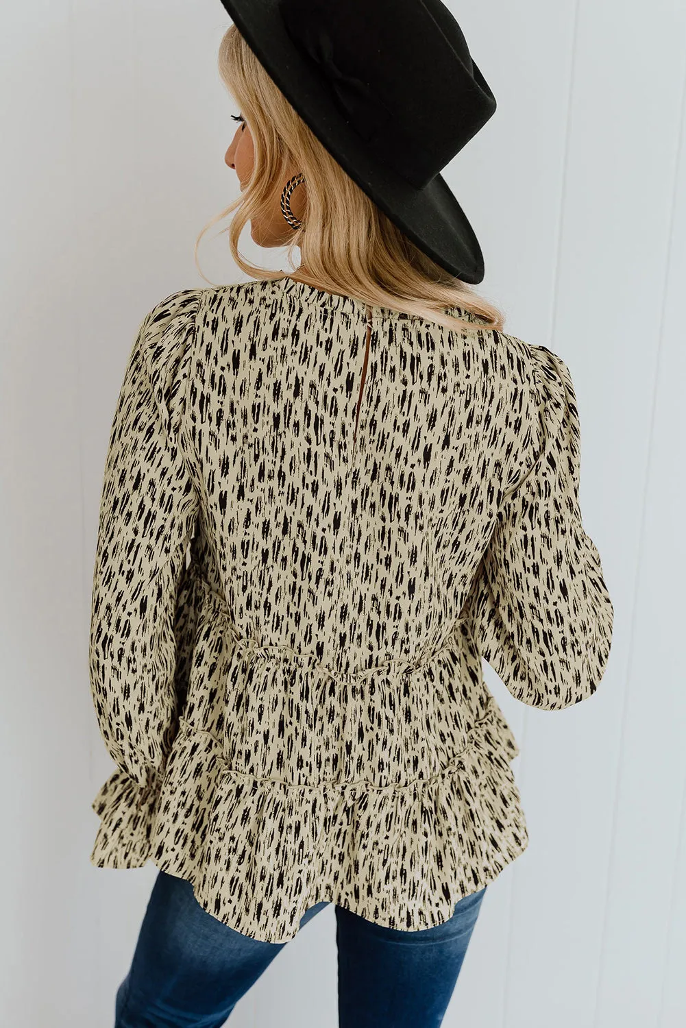 Apricot Printed Ruffled Funnel Neck Puff Sleeve Blouse