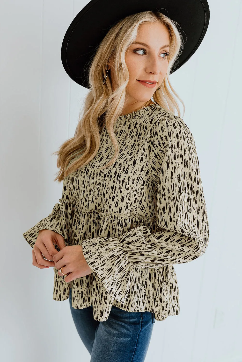 Apricot Printed Ruffled Funnel Neck Puff Sleeve Blouse