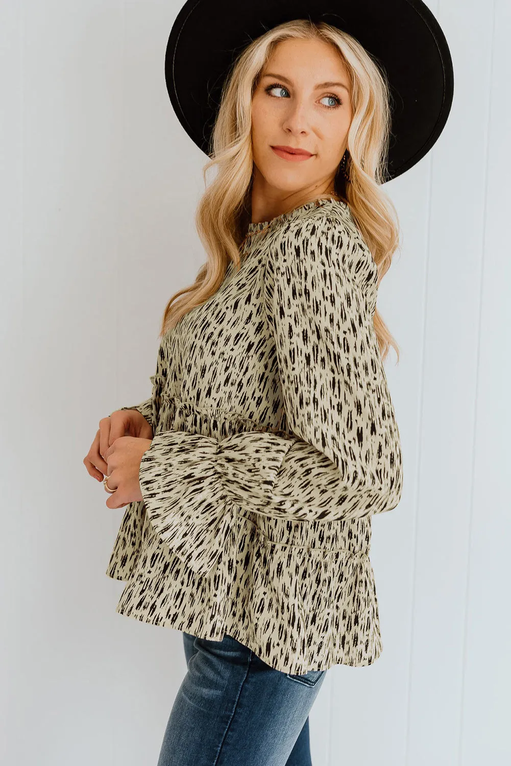 Apricot Printed Ruffled Funnel Neck Puff Sleeve Blouse