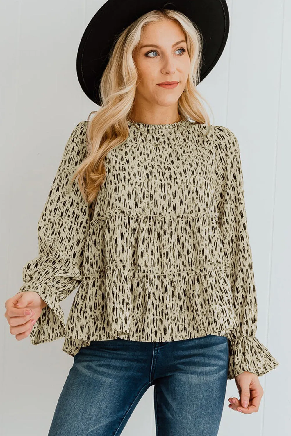 Apricot Printed Ruffled Funnel Neck Puff Sleeve Blouse