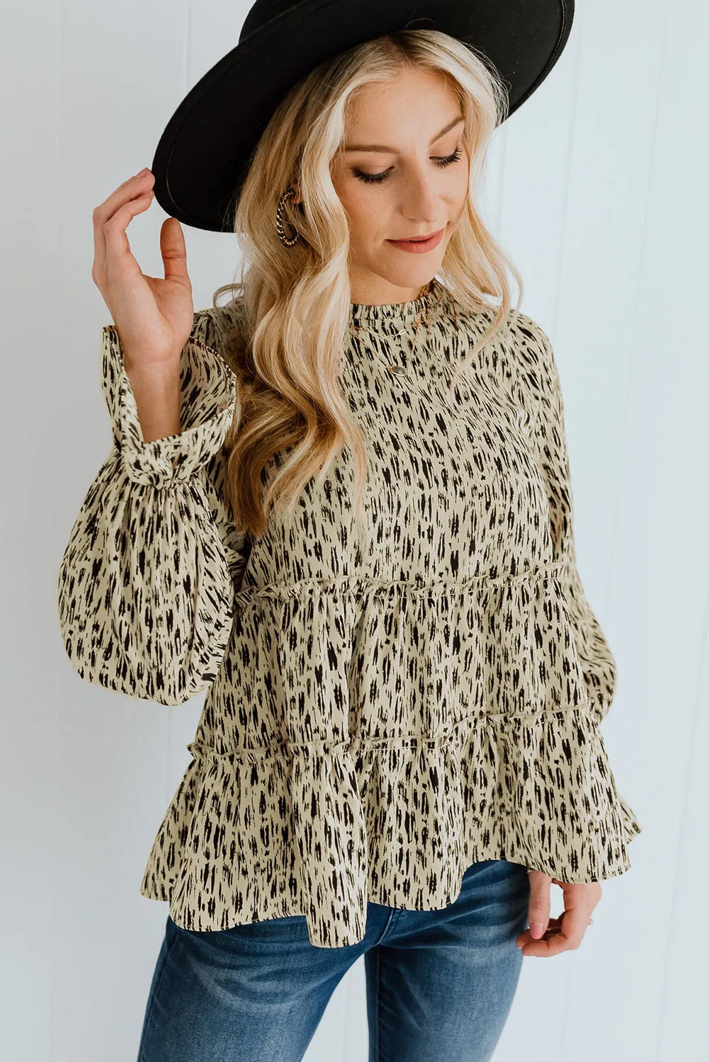 Apricot Printed Ruffled Funnel Neck Puff Sleeve Blouse