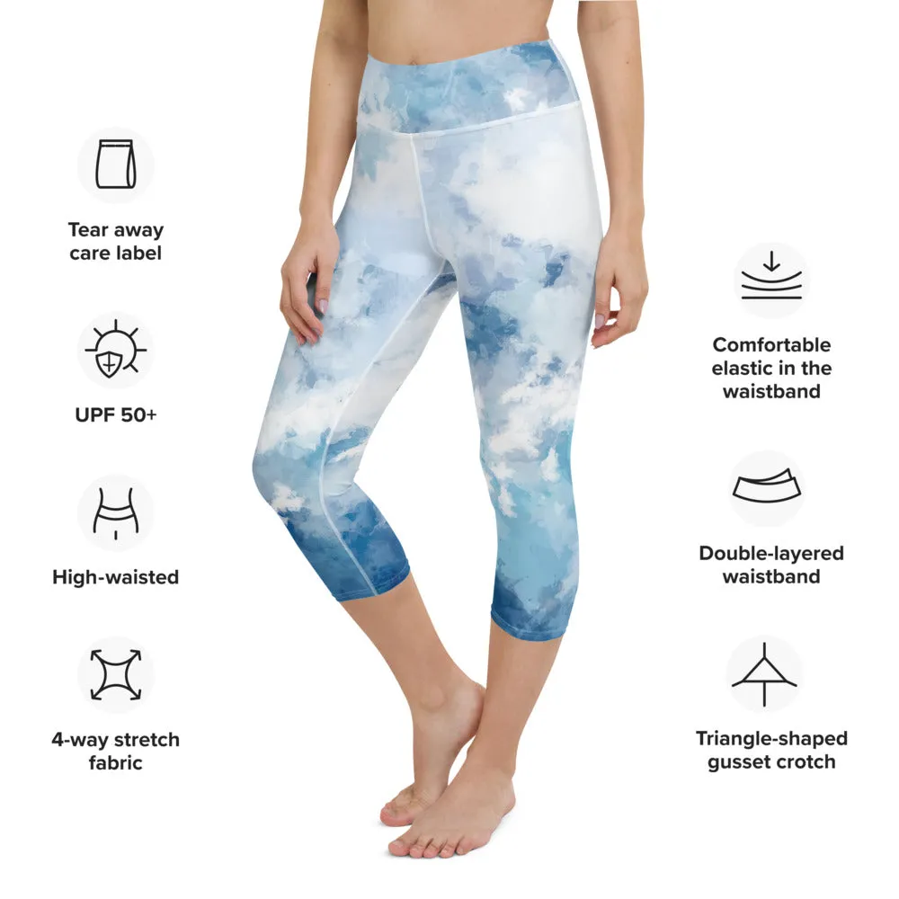 Blue Abstract Yoga Capri Leggings, Blue Clouds Best Women's Yoga Capri Leggings- Made in USA/EU/MX