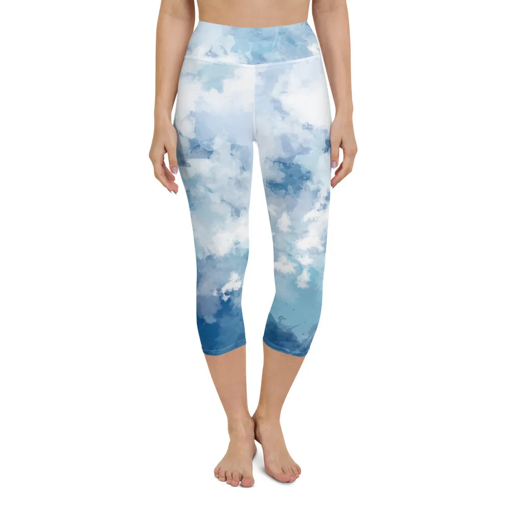 Blue Abstract Yoga Capri Leggings, Blue Clouds Best Women's Yoga Capri Leggings- Made in USA/EU/MX