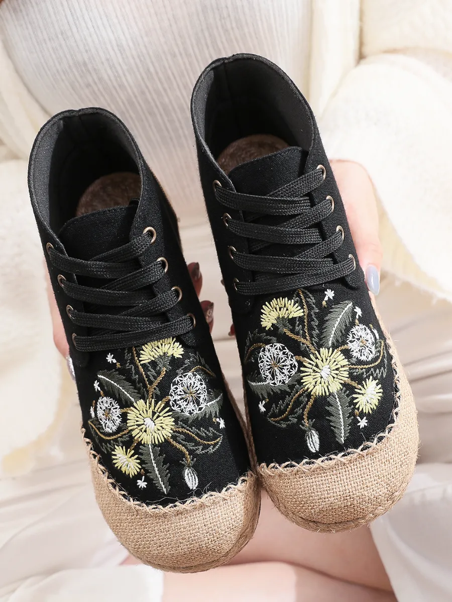 Cactus Rose | Embroidered Dandelion Round Toe Hi-Top Sneakers Espadrilles