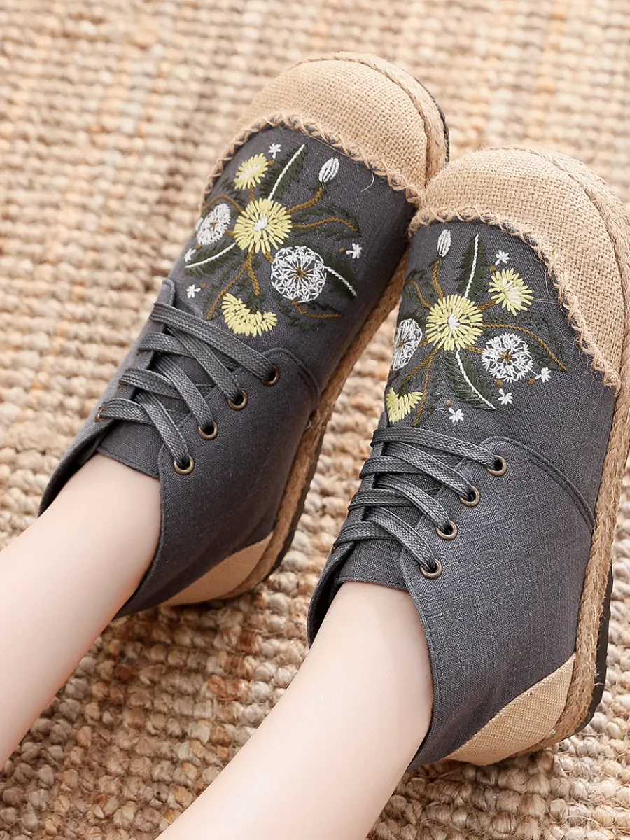 Cactus Rose | Embroidered Dandelion Round Toe Hi-Top Sneakers Espadrilles