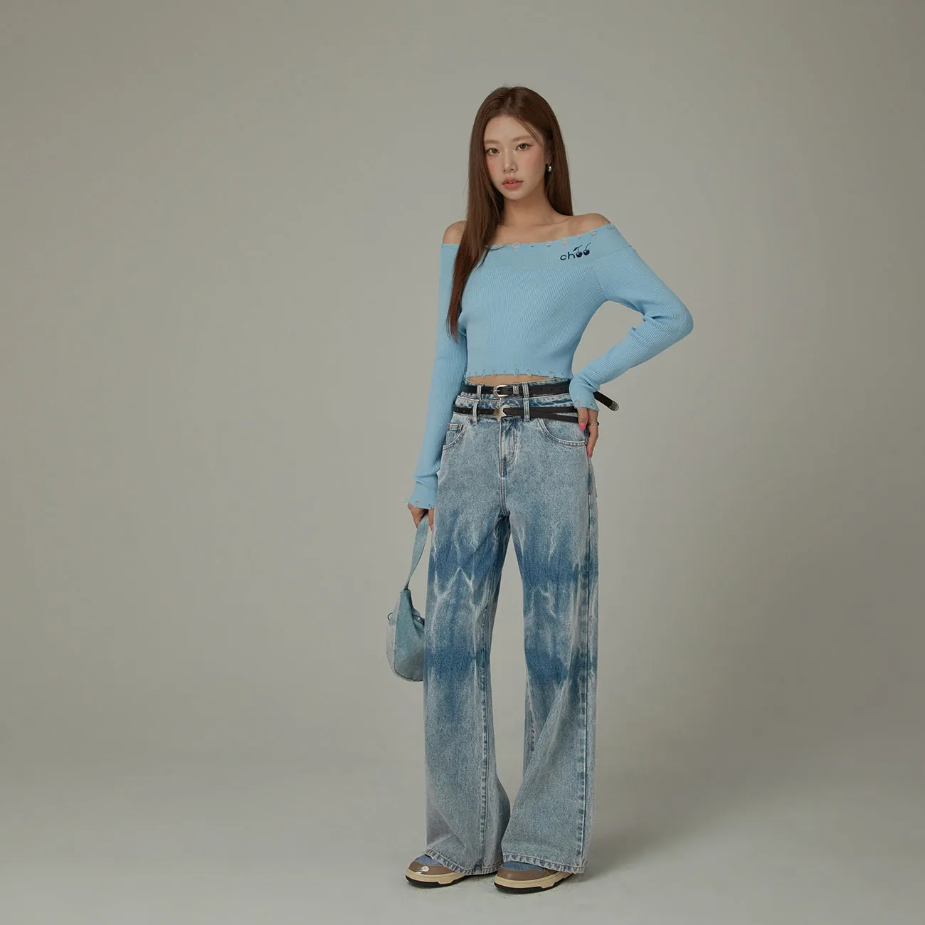Cherry Off Shoulder Distressed Hem Knit Sweater