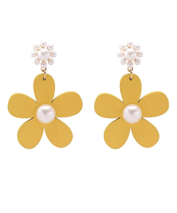 Classy Yellow Daisy Floral Pearl Drop Earrings LY1806
