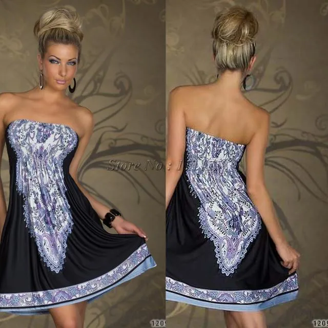 Clearance Sexy Strapless Floral Print Pleated Short Beach Dress