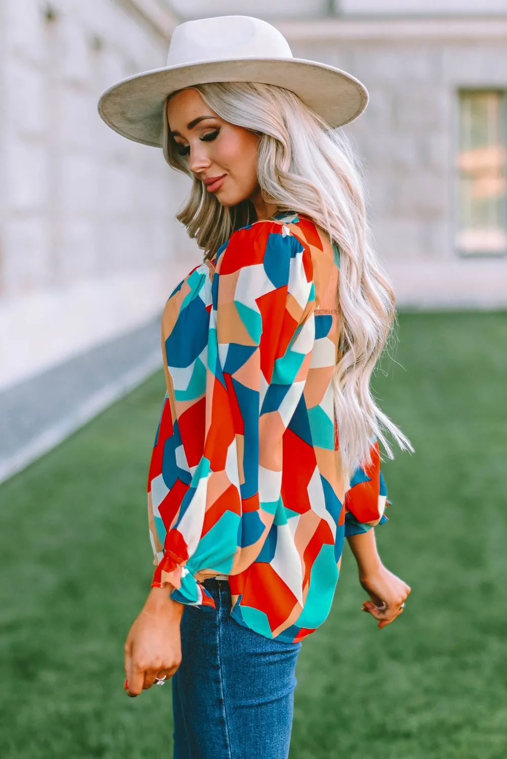 Crewneck Ruffled Puff Sleeve Blouse