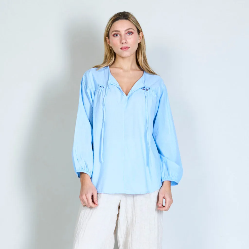 Crochet flower shirt with drawstring collar wholesale