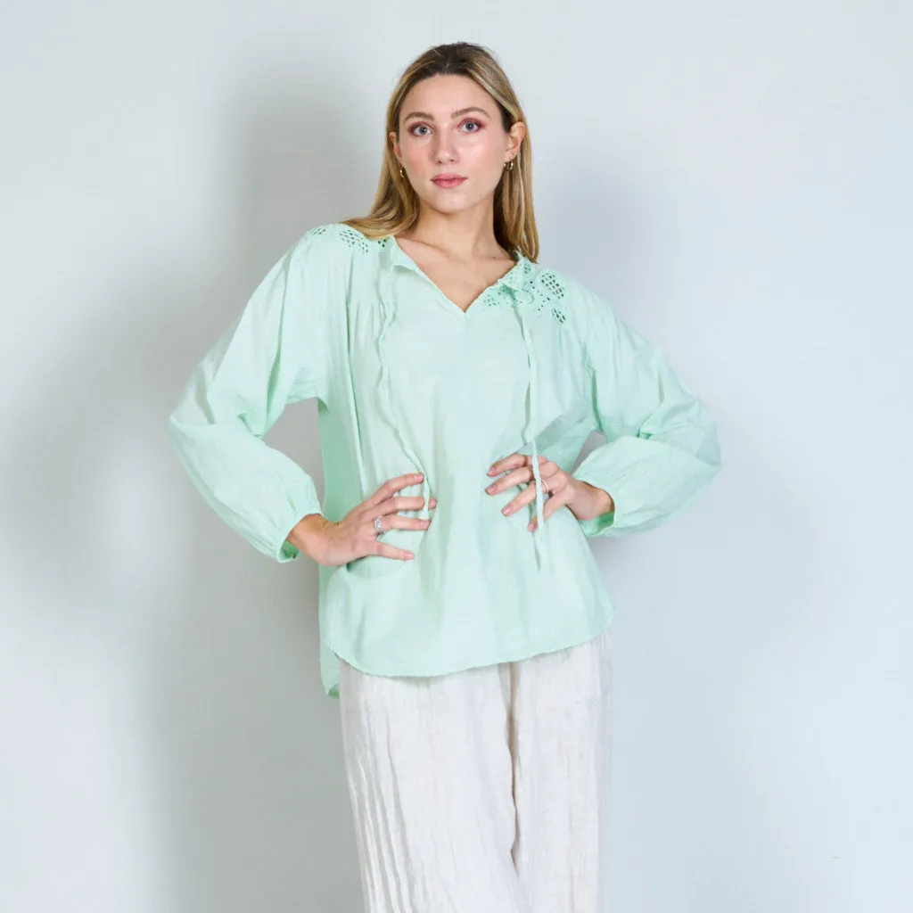 Crochet flower shirt with drawstring collar wholesale