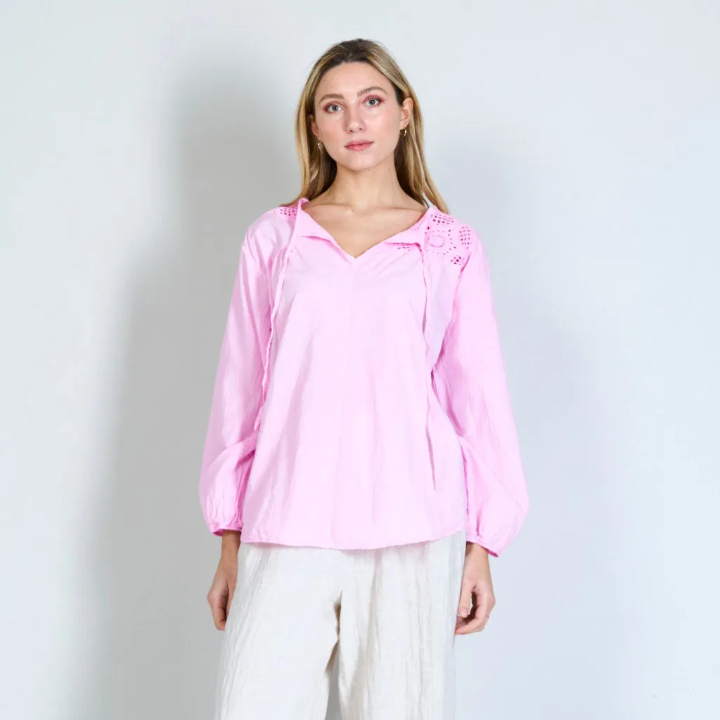 Crochet flower shirt with drawstring collar wholesale