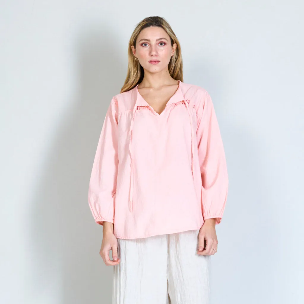 Crochet flower shirt with drawstring collar wholesale