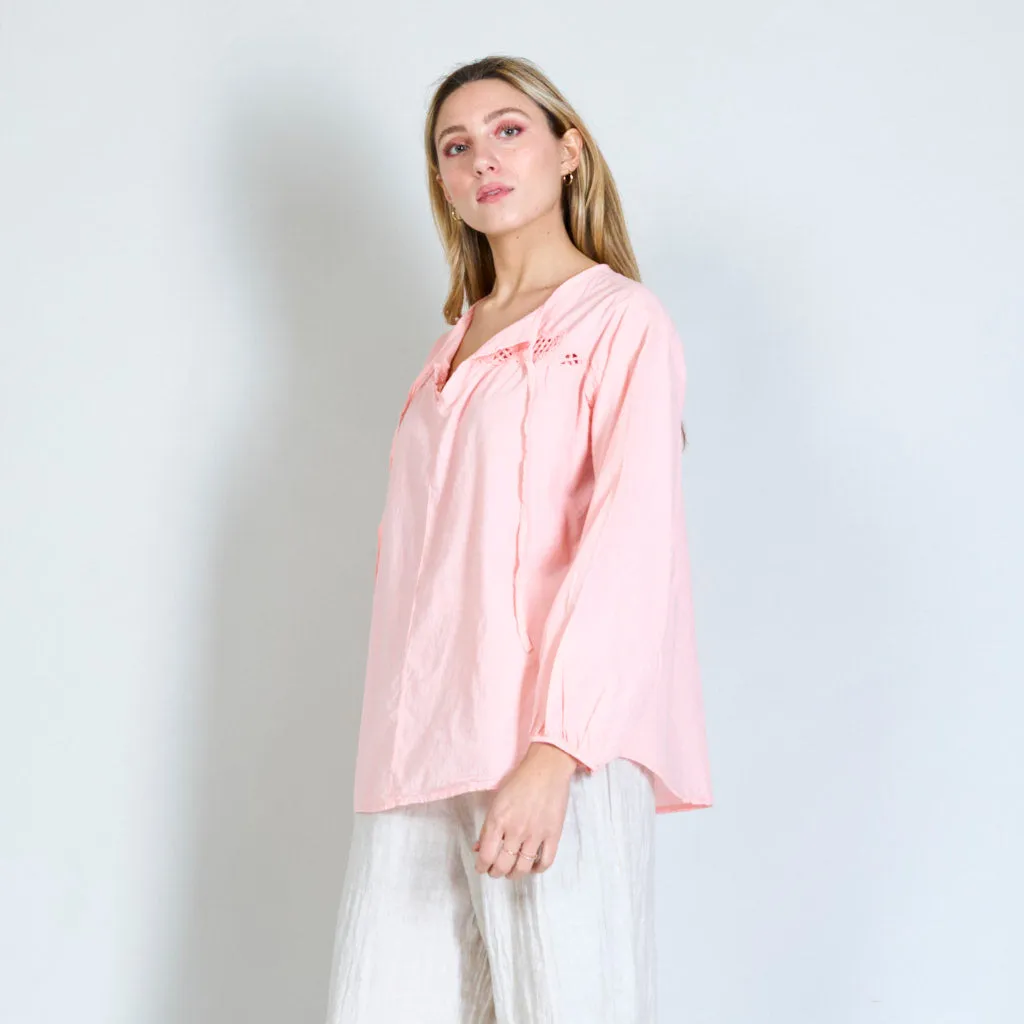 Crochet flower shirt with drawstring collar wholesale