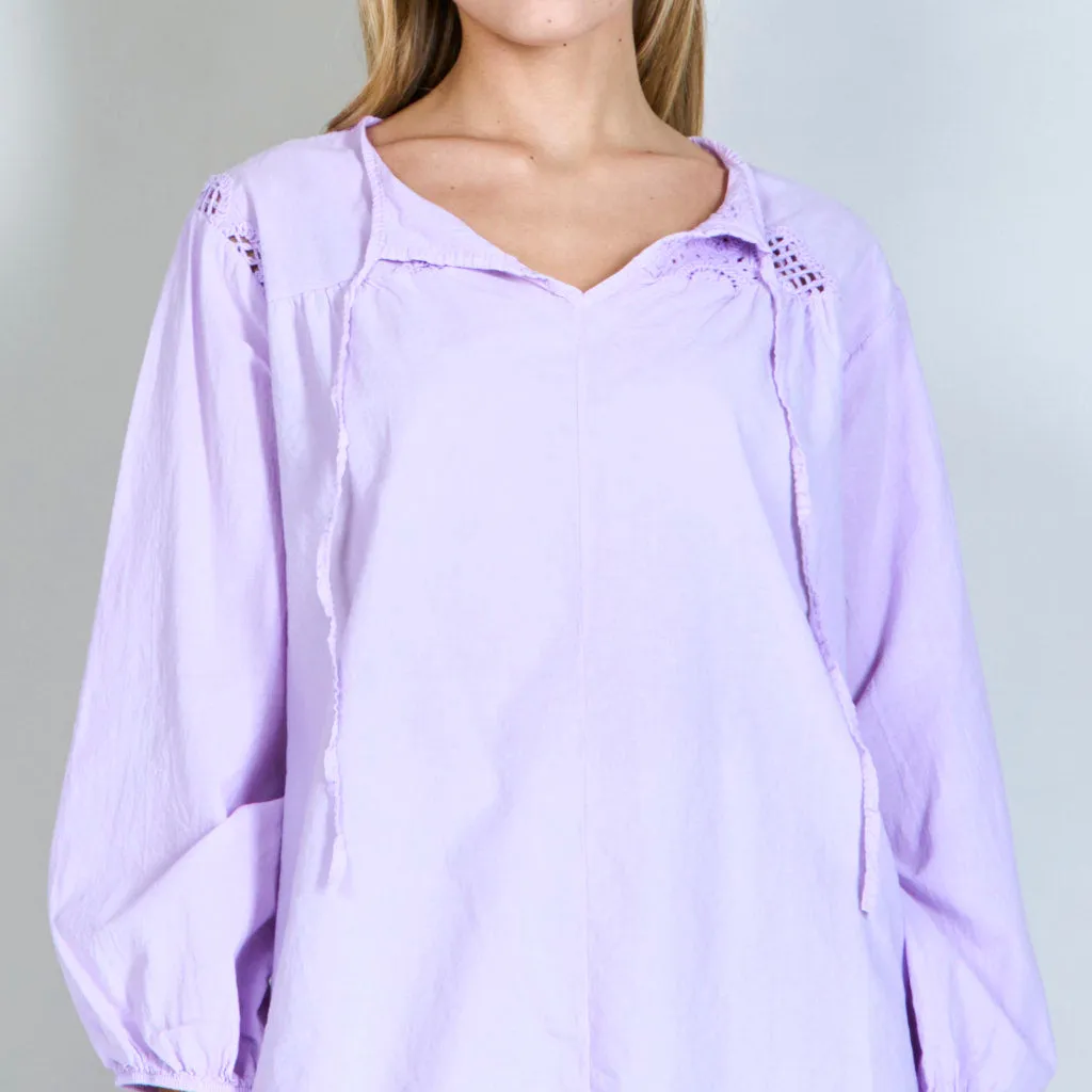 Crochet flower shirt with drawstring collar wholesale