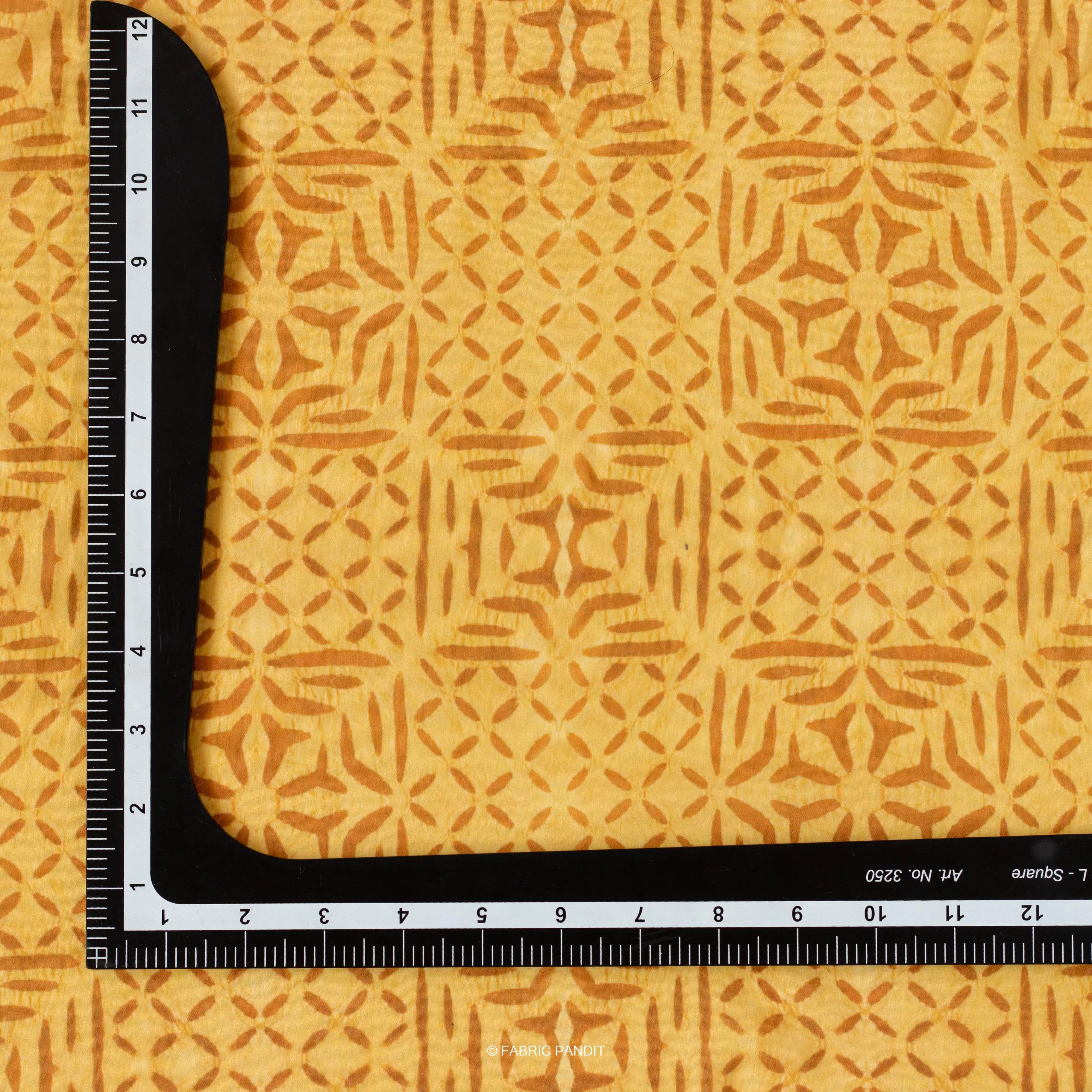 (CUT PIECE) Golden Yellow Abstract Diamond Applique Pattern Digital Printed Muslin Fabric (Width 44 Inches)