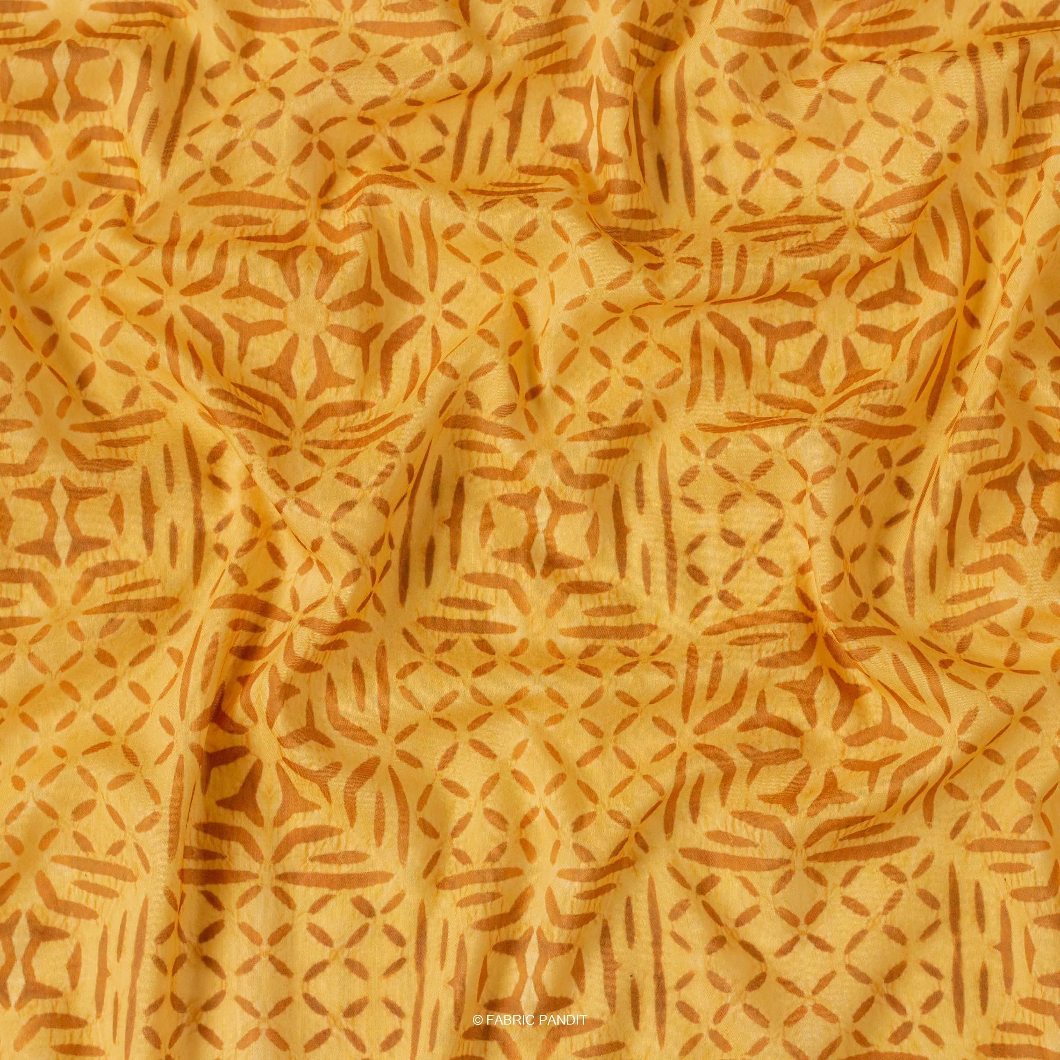 (CUT PIECE) Golden Yellow Abstract Diamond Applique Pattern Digital Printed Muslin Fabric (Width 44 Inches)