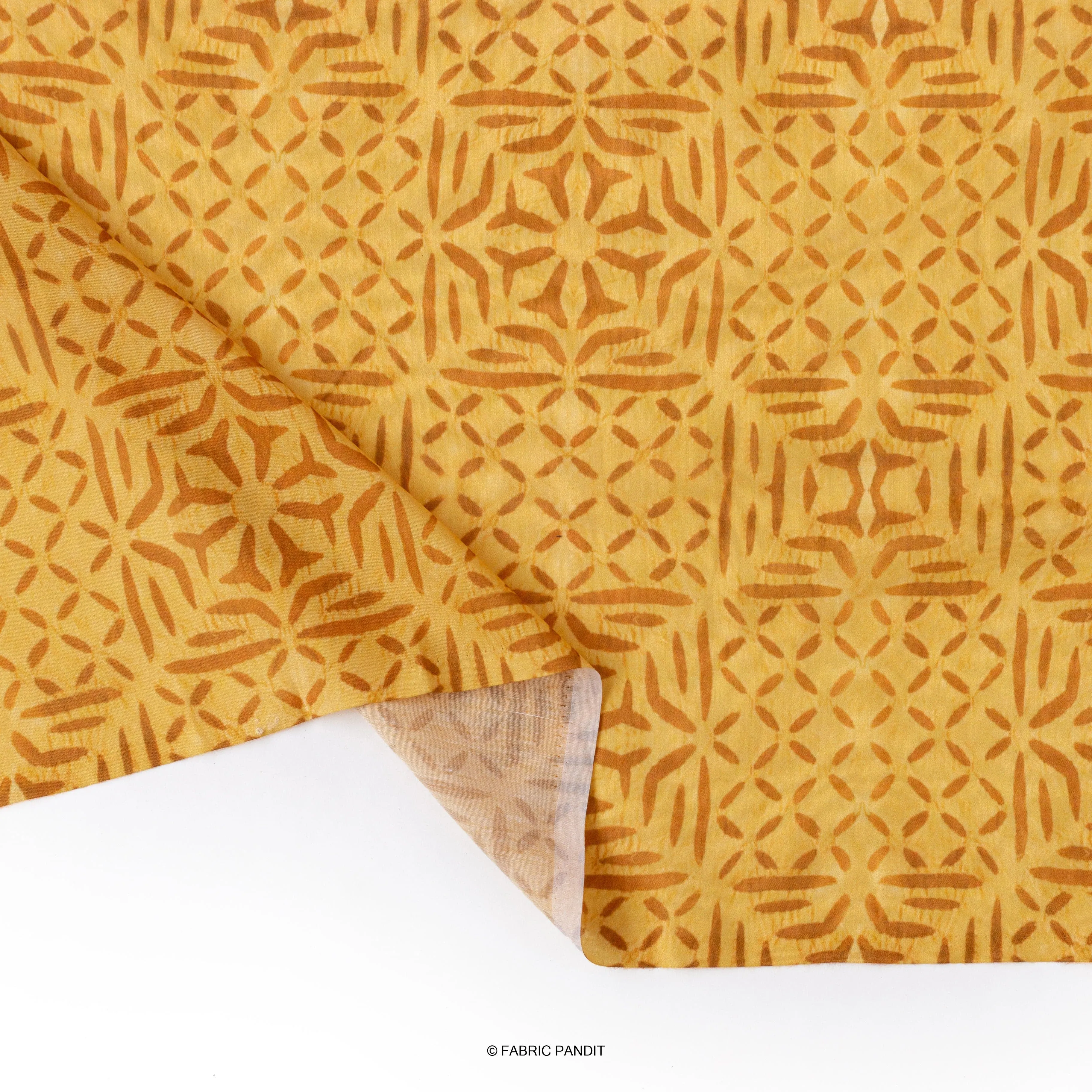 (CUT PIECE) Golden Yellow Abstract Diamond Applique Pattern Digital Printed Muslin Fabric (Width 44 Inches)