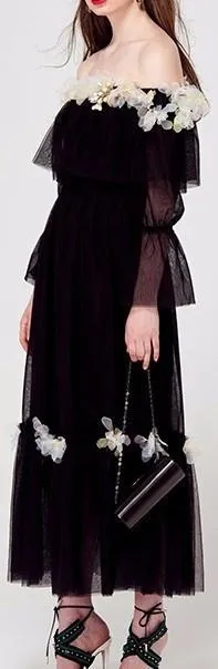 Floral-Appliques Black Mesh Off-the-Shoulder Dress