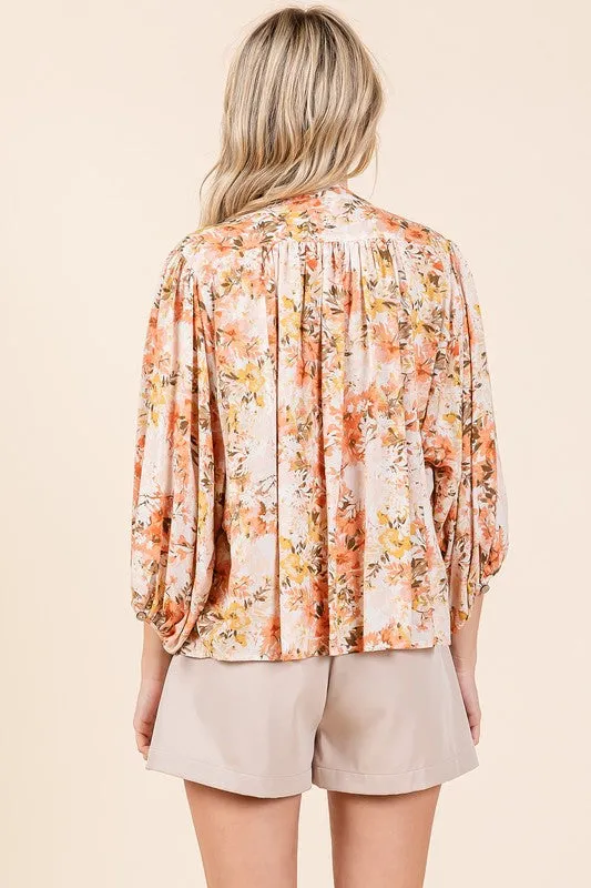 Floral Print Batwing Sleeve Button-Down Blouse