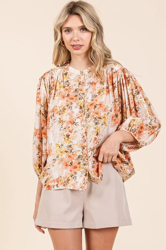 Floral Print Batwing Sleeve Button-Down Blouse