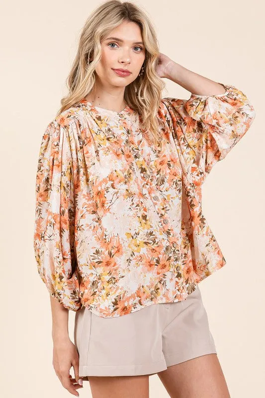 Floral Print Batwing Sleeve Button-Down Blouse