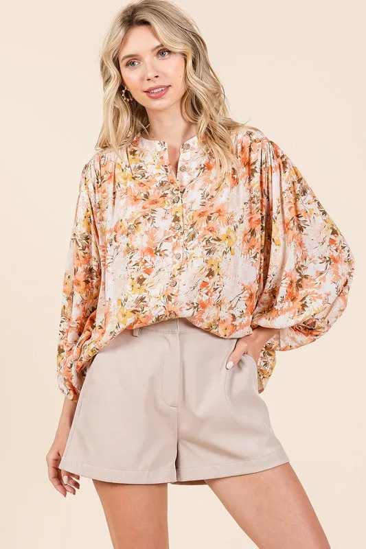 Floral Print Batwing Sleeve Button-Down Blouse