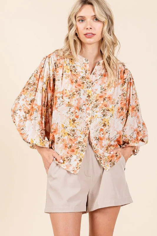 Floral Print Batwing Sleeve Button-Down Blouse