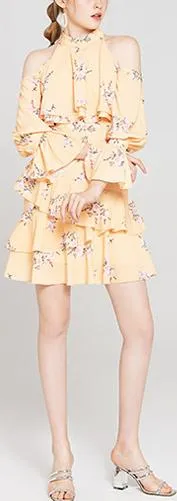 Floral-Print Cold Shoulder Ruffle Mini Dress