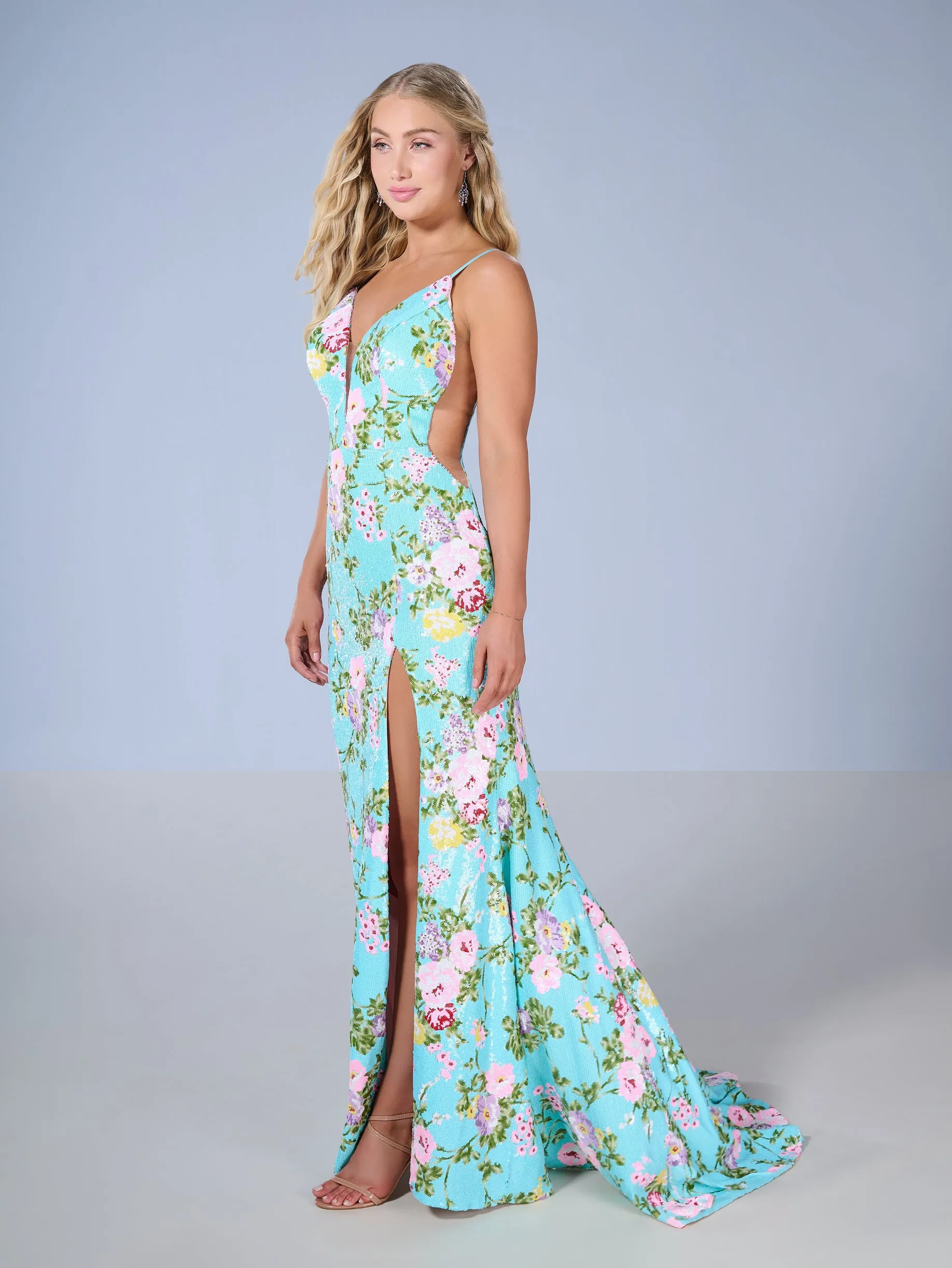 Floral Print Sleeveless Slit Gown by Tiffany Designs 16155