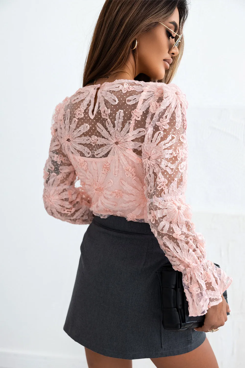 Flower Ruffled Sleeve Mesh Top