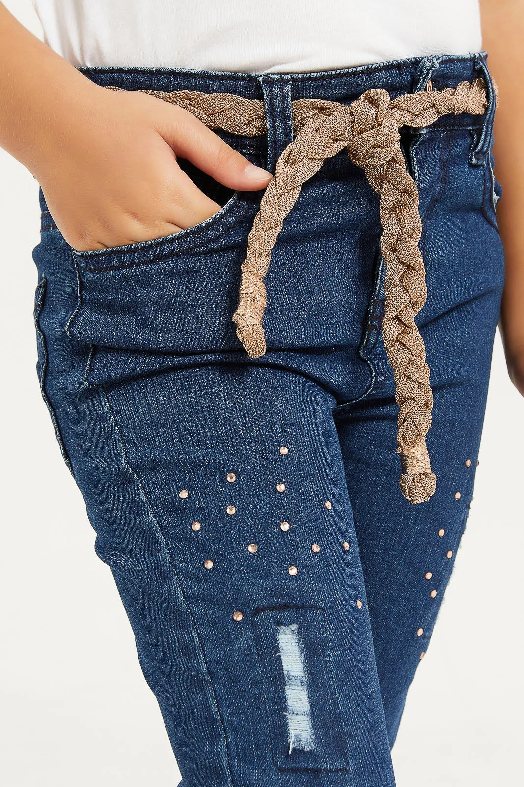 Girls Blue Denim Embroidered Jeans With Belt