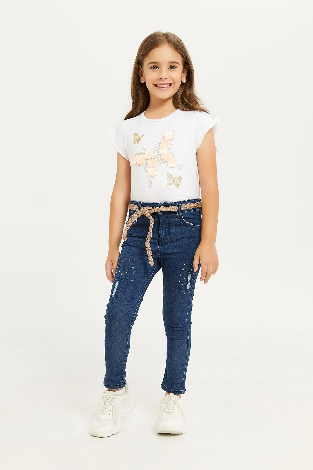 Girls Blue Denim Embroidered Jeans With Belt