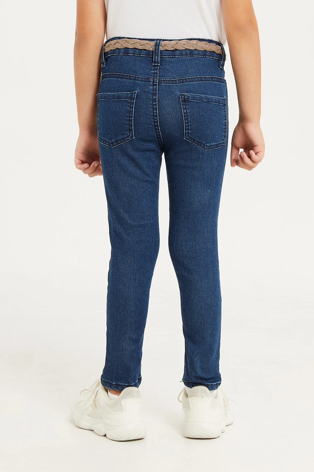 Girls Blue Denim Embroidered Jeans With Belt