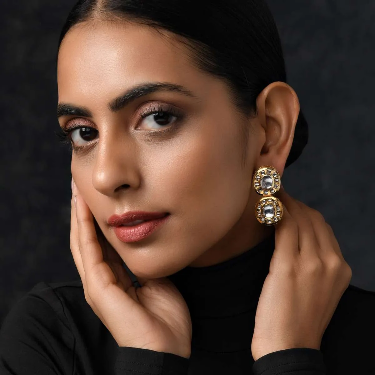 Gold Plated Earrings With Polki Hand Crafted In A Double Stacked Design By Paisley Pop