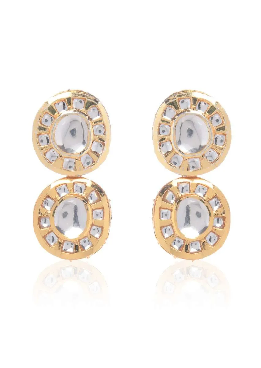 Gold Plated Earrings With Polki Hand Crafted In A Double Stacked Design By Paisley Pop