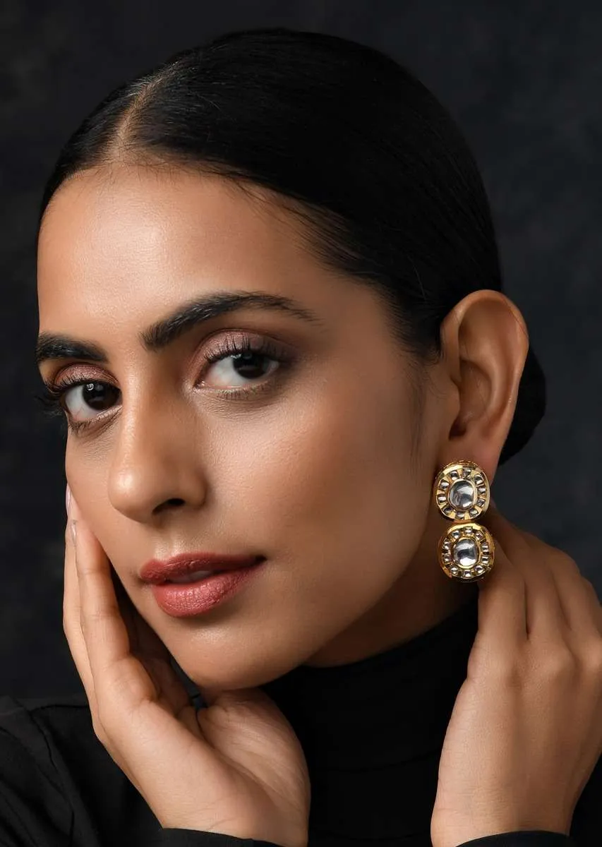 Gold Plated Earrings With Polki Hand Crafted In A Double Stacked Design By Paisley Pop
