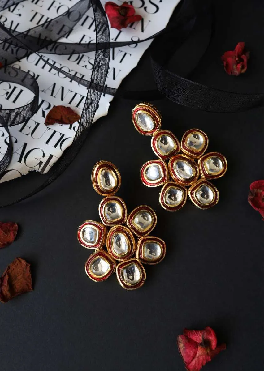 Gold Plated Earrings With Red Meenakari And Encrusted With Kundan In Floral Motif By Paisley Pop
