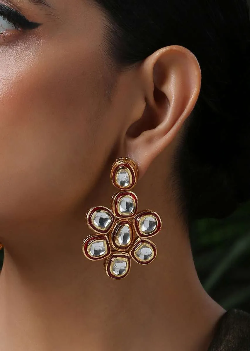 Gold Plated Earrings With Red Meenakari And Encrusted With Kundan In Floral Motif By Paisley Pop
