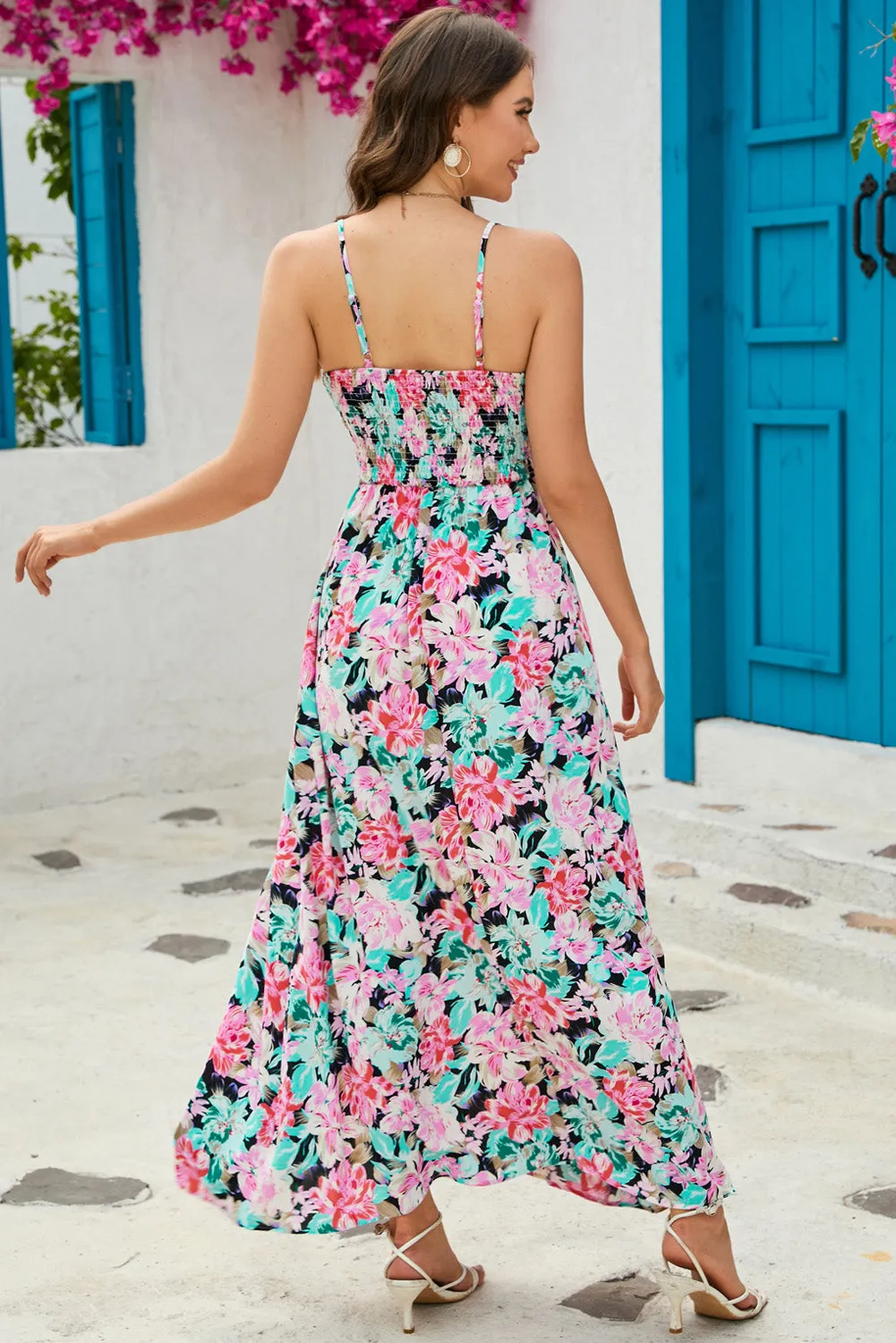 Green Sling V-Neck Elastic Waist Floral Maxi Dress