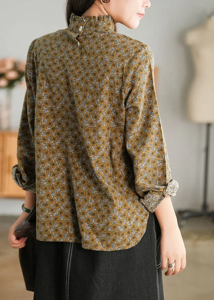 Italian Coffee Stand Collar button Ruffled Cotton Blouses top Long Sleeve
