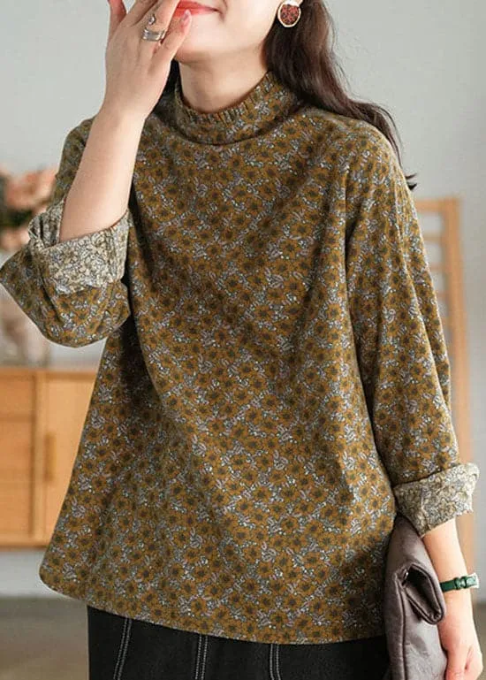 Italian Coffee Stand Collar button Ruffled Cotton Blouses top Long Sleeve