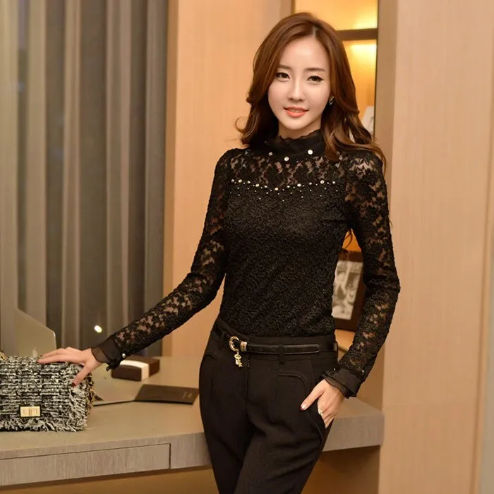 Joskaa Christmas Gift Spring New Ruffled Collar Long Sleeve Blouse Shirts with Beaded Plus Size Lace Women Blouse Women Clothing Blusas Femininas 59A0