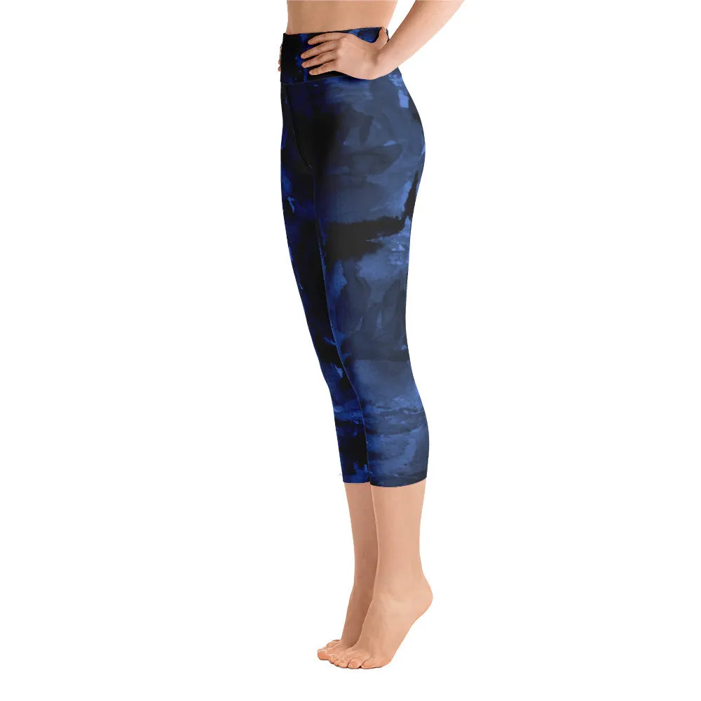 Navy Blue Floral Capris Tights, Best Deep Blue Rose Floral Print Capri Leggings w/ Pockets Women's Yoga Pants