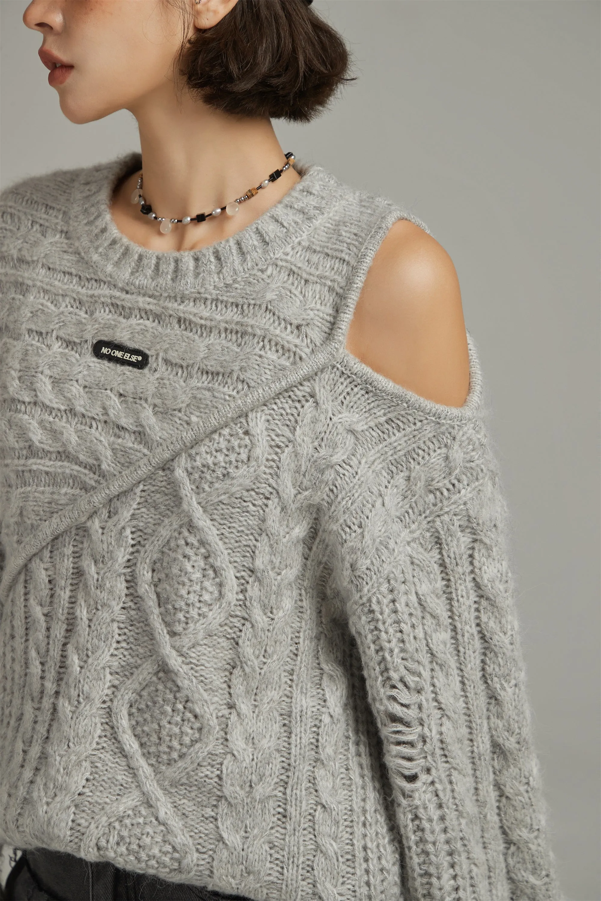 One Shoulder Twist Knit Sweater