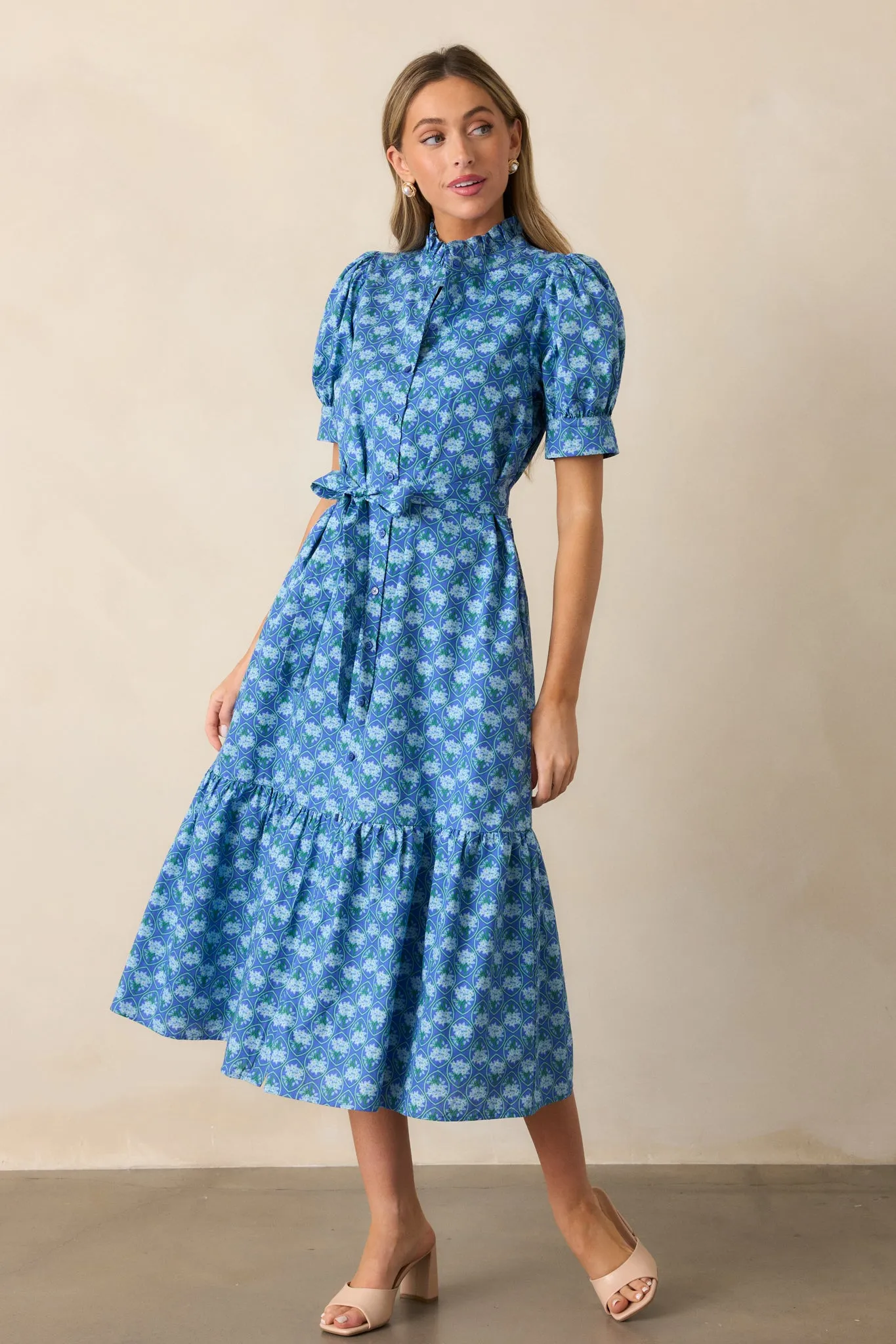 Orchid Waters Cotton Blue Floral Button Front Midi Dress