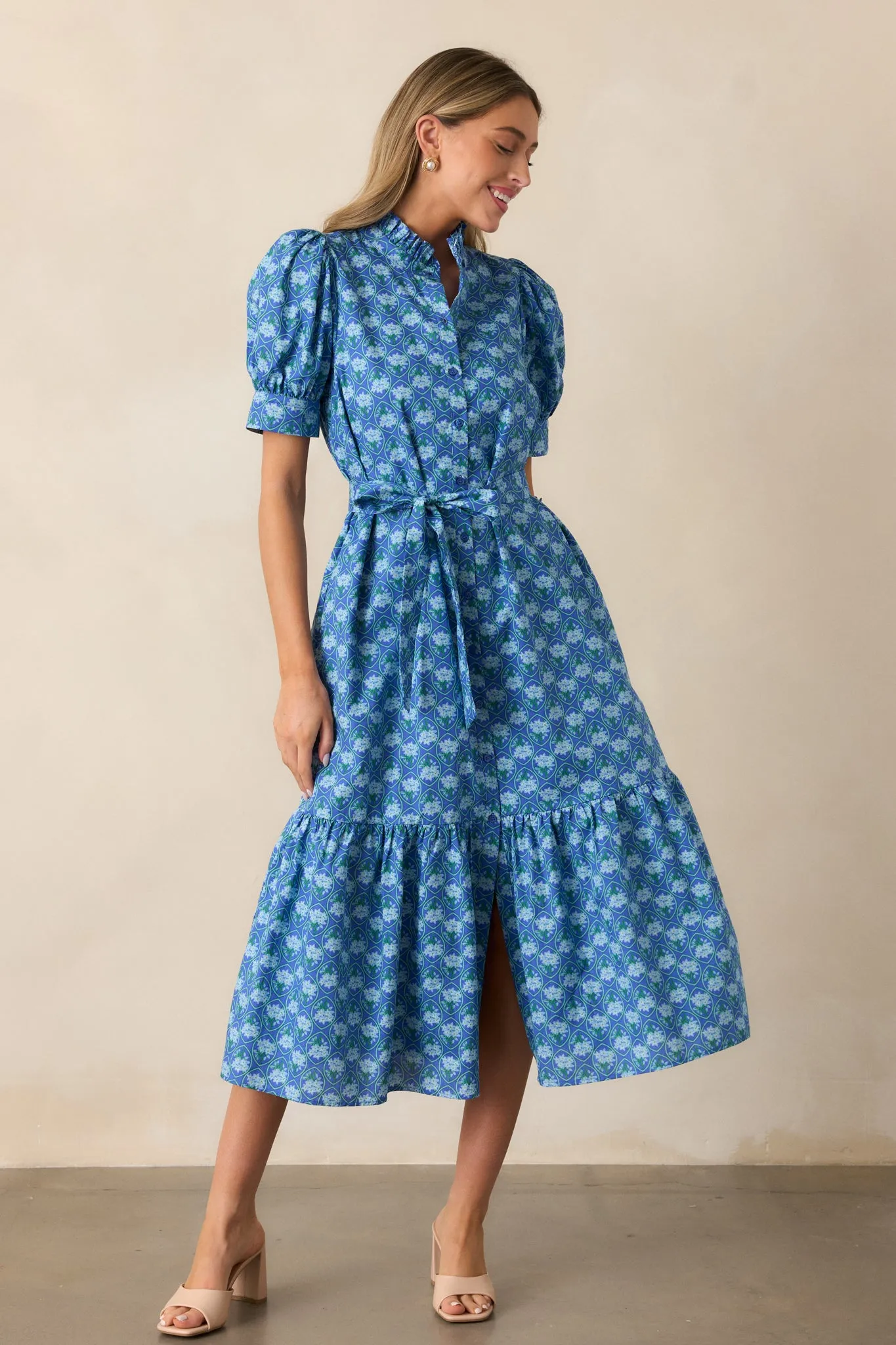 Orchid Waters Cotton Blue Floral Button Front Midi Dress