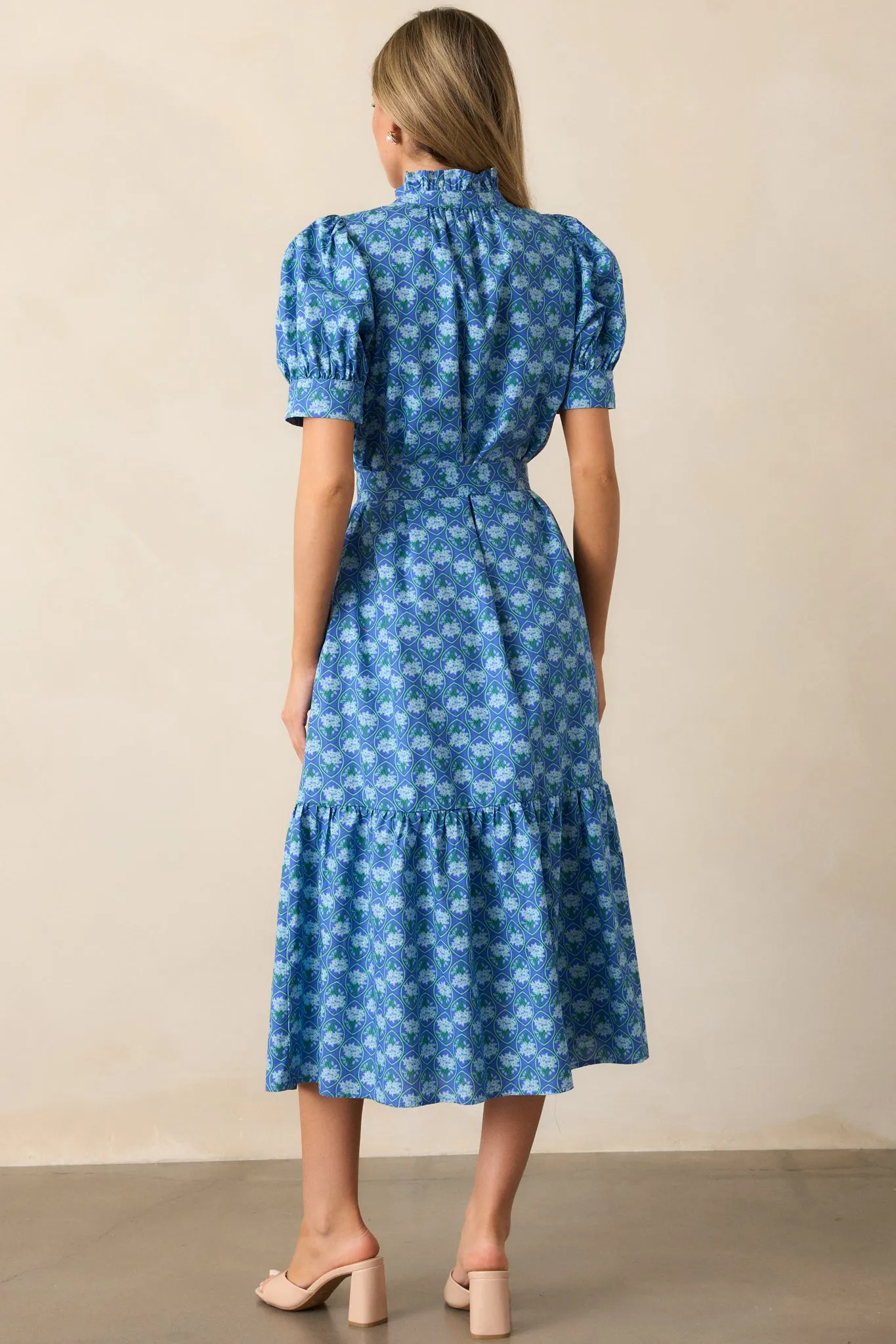 Orchid Waters Cotton Blue Floral Button Front Midi Dress
