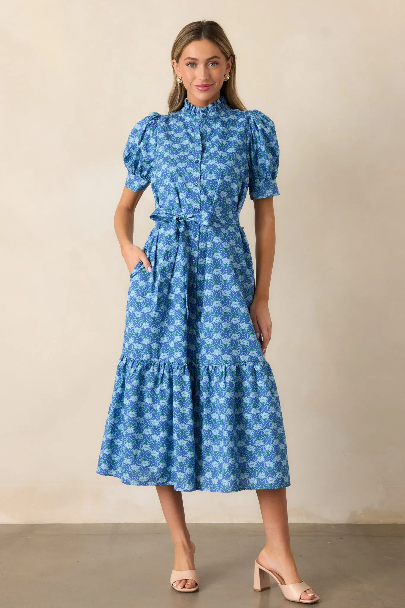 Orchid Waters Cotton Blue Floral Button Front Midi Dress