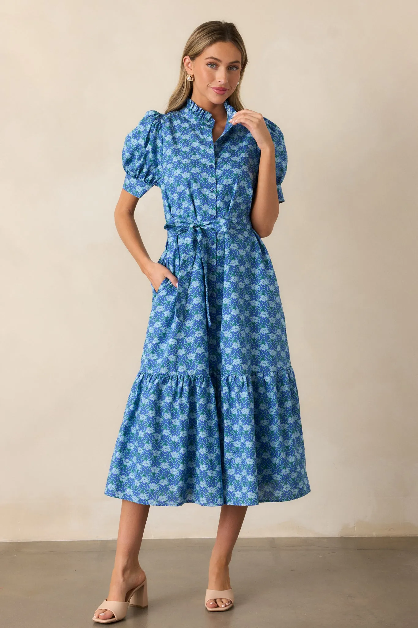 Orchid Waters Cotton Blue Floral Button Front Midi Dress